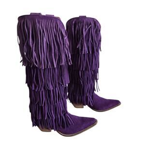 Dingo Women's Size 8 Purple Wild Child Tall Suede Leather Fringe Heeled Boots